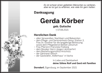 Traueranzeige von Gerda Körber von Südthüringer Presse