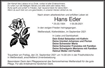 Traueranzeige von Hans Eder von Frankenpost