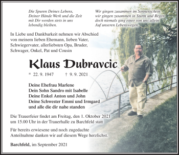 Traueranzeige von Klaus Dubravcic von Südthüringer Presse