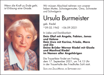 Traueranzeige von Ursula Burmeister von Südthüringer Presse