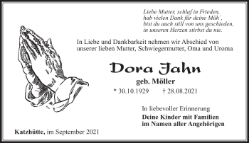 Traueranzeige von Dora Jahn von Südthüringer Presse