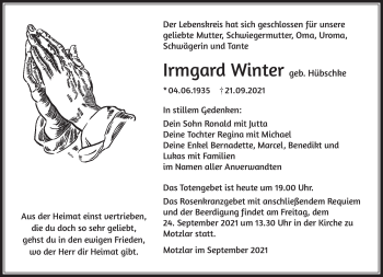 Traueranzeige von Irmgard Winter von Südthüringer Presse