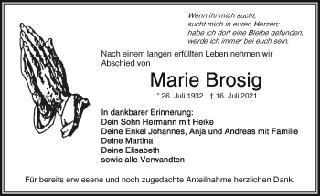 Traueranzeige von Marie Brosig von Frankenpost