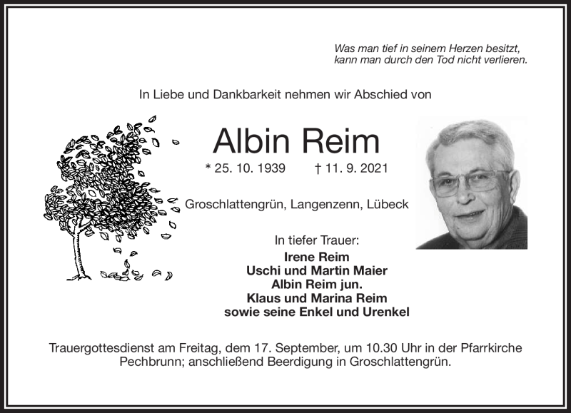  Traueranzeige für Albin Reim vom 14.09.2021 aus Frankenpost