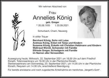 Traueranzeige von Annelies König von Frankenpost