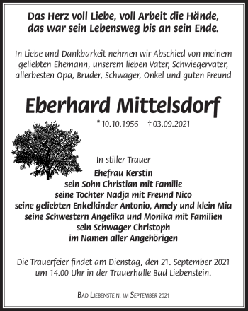 Traueranzeige von Eberhard Mittelsdorf von Südthüringer Presse