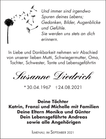 Traueranzeige von Susanne Dietrich von Südthüringer Presse