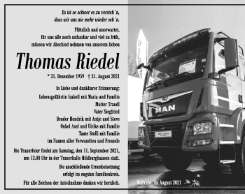 Traueranzeige von Thomas Riedel von Südthüringer Presse