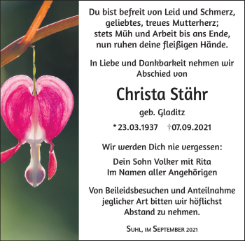 Traueranzeige von Christa Stähr von Südthüringer Presse