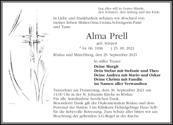 Traueranzeige von Alma Prell von Frankenpost
