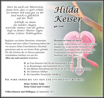 Traueranzeige von Hilda Keiser von Südthüringer Presse