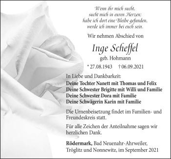 Traueranzeige von Inge Scheffel von Südthüringer Presse