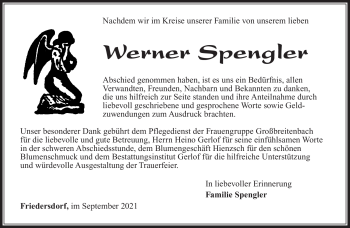 Traueranzeige von Werner Spengler von Südthüringer Presse