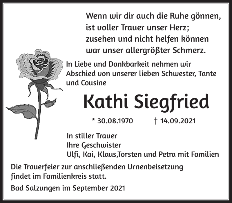  Traueranzeige für Kathi Siegfried vom 25.09.2021 aus Südthüringer Presse