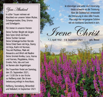 Traueranzeige von Irene Christ von Südthüringer Presse