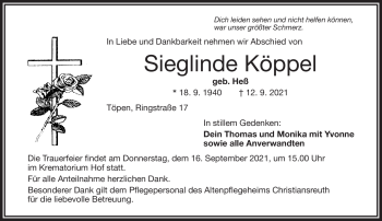 Traueranzeige von Sieglinde Köppel von Frankenpost