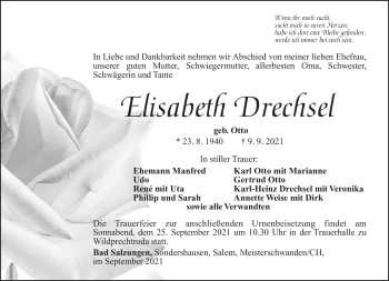 Traueranzeige von Elisabeth Drechsel von Südthüringer Presse