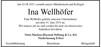 Traueranzeige von Ina Wellhöfer von Südthüringer Presse