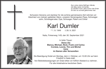 Traueranzeige von Karl Dumler von Frankenpost