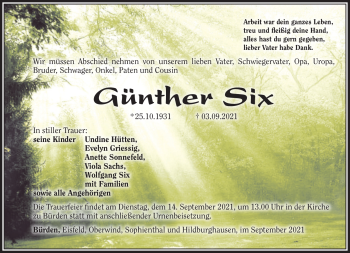 Traueranzeige von Günter Six von Südthüringer Presse