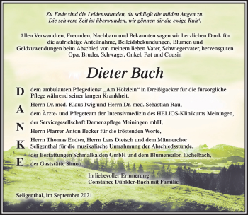 Traueranzeige von Dieter Bach von Südthüringer Presse