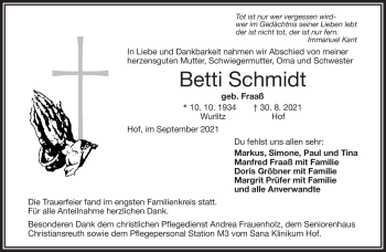 Traueranzeige von Betti Schmidt von Frankenpost