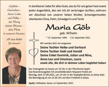 Traueranzeige von Maria Göb von Südthüringer Presse