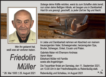 Traueranzeige von Friedolin Müller von Südthüringer Presse