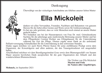 Traueranzeige von Ella Micholeit von Südthüringer Presse