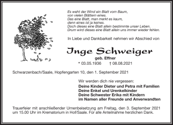 Traueranzeige von Inge Schweiger von Frankenpost