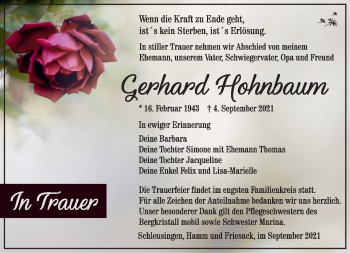 Traueranzeige von Gerhard Hohnbaum von Südthüringer Presse