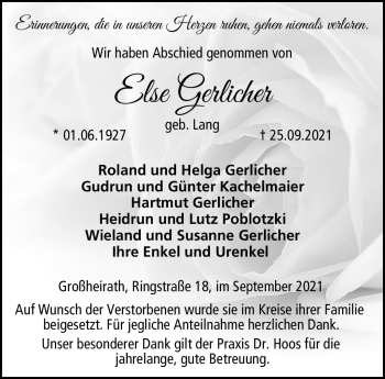 Traueranzeige von Else Gerlicher von Neue Presse Coburg