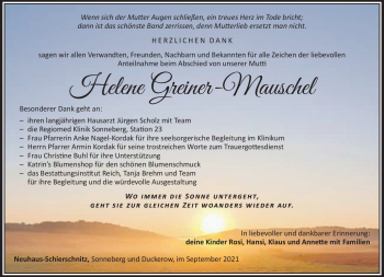Traueranzeige von Helene Greiner-Mauschel von Südthüringer Presse