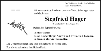 Traueranzeige von Siegfried Hager von Frankenpost