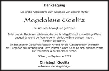 Traueranzeige von Magdalene Goelitz von Südthüringer Presse