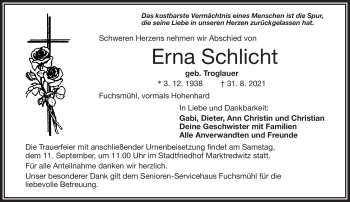 Traueranzeige von Erna Schlicht von Frankenpost