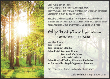Traueranzeige von Elly Rothämel von Südthüringer Presse