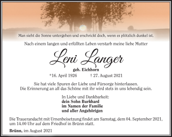 Traueranzeige von Leni Langer von Südthüringer Presse