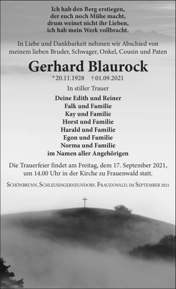 Traueranzeige von Gerhard Blaurock von Südthüringer Presse
