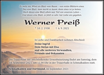 Traueranzeige von Werner Preiß von Südthüringer Presse