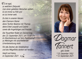 Traueranzeige von Dagmar Tannert von Südthüringer Presse
