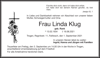 Traueranzeige von Linda Klug von Frankenpost