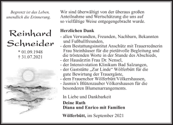 Traueranzeige von Reinhard Schneider von Südthüringer Presse