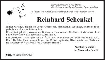Traueranzeige von Reinhard Schenkel von Südthüringer Presse