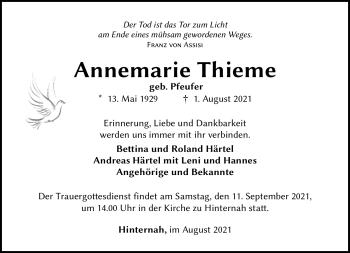 Traueranzeige von Annemarie Thieme von Südthüringer Presse