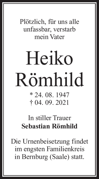 Traueranzeige von Heiko Römhild von Südthüringer Presse