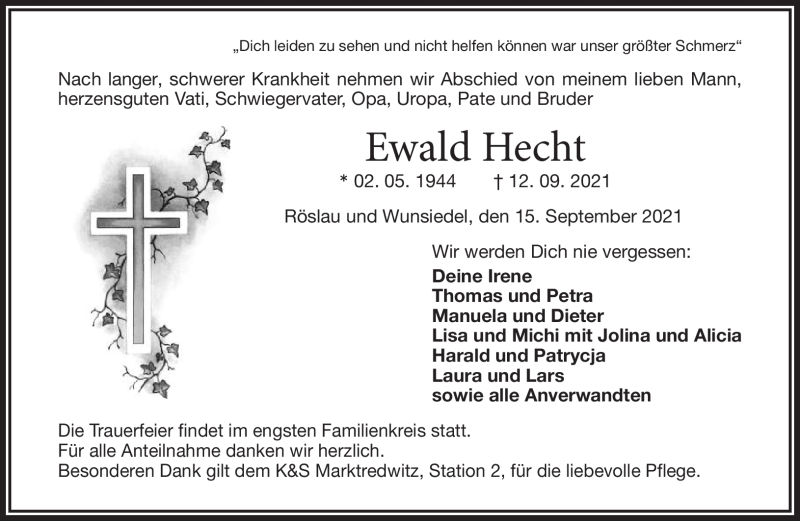  Traueranzeige für Ewald Hecht vom 15.09.2021 aus Frankenpost