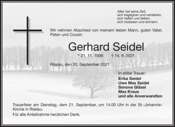 Traueranzeige von Gerhard Seidel von Frankenpost
