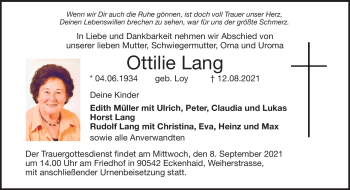 Traueranzeige von Ottilie Lang von Frankenpost