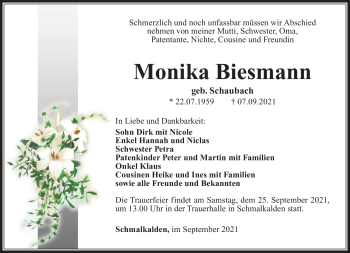 Traueranzeige von Monika Biesmann von Südthüringer Presse